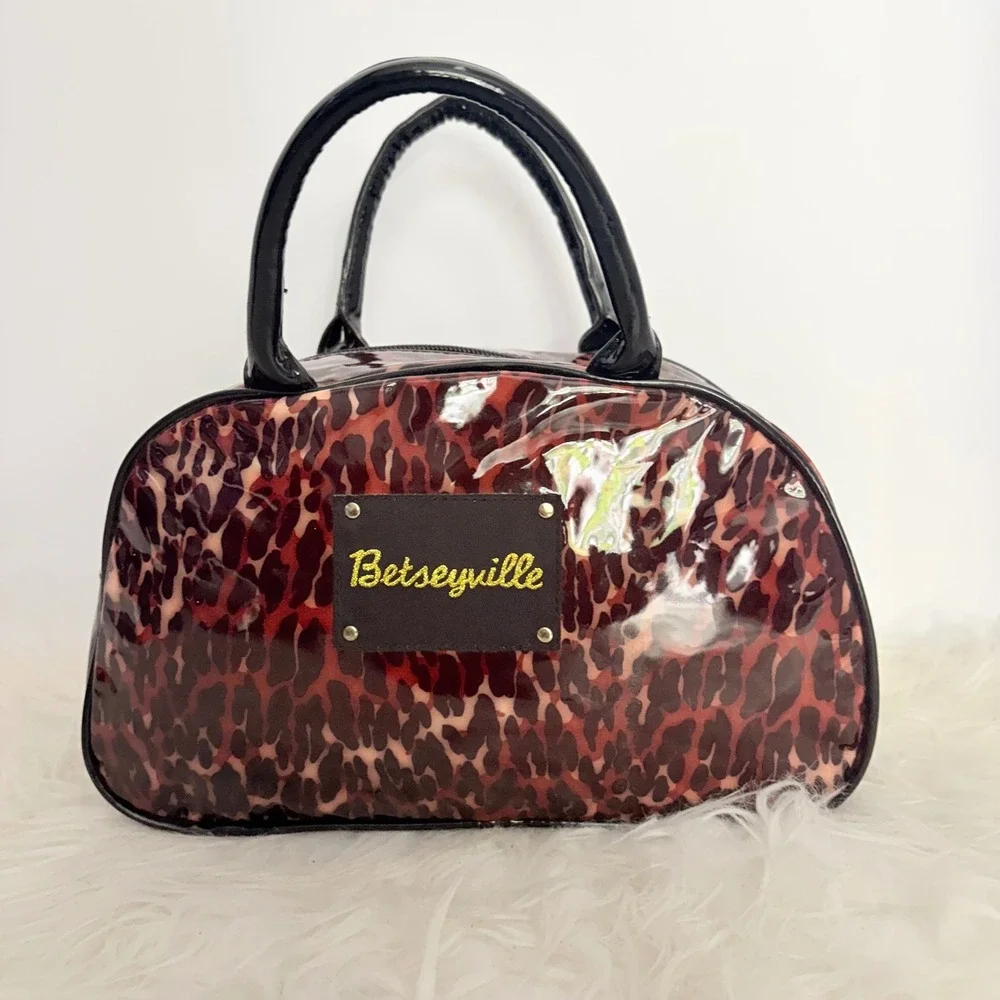 Betseyville Betsey Johnson Leopard Print PVC Mini Bowler Bag y2k Brown Black